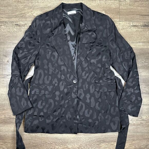 Anine Bing Women’s Size Large Tate Tie Belted Blazer Black Animal Print Jacket - Picture 1 of 8